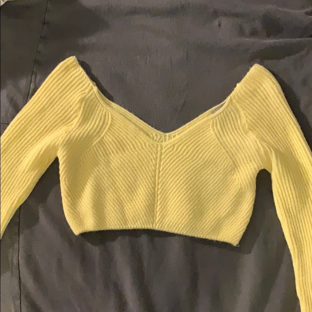light yellow, off the shoulder crop top